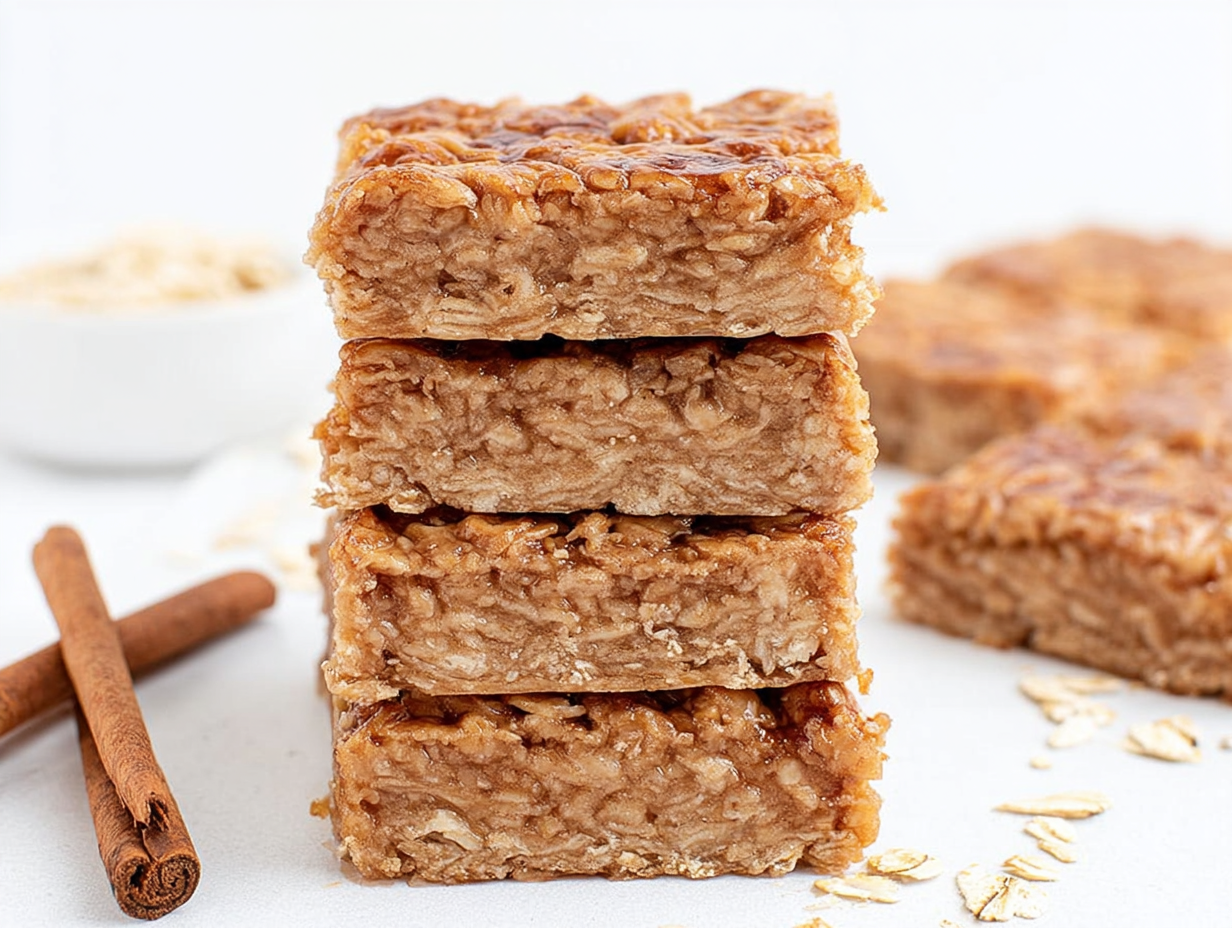 A stack of 3 ingredient cinnamon apple oatmeal bars on a plate.