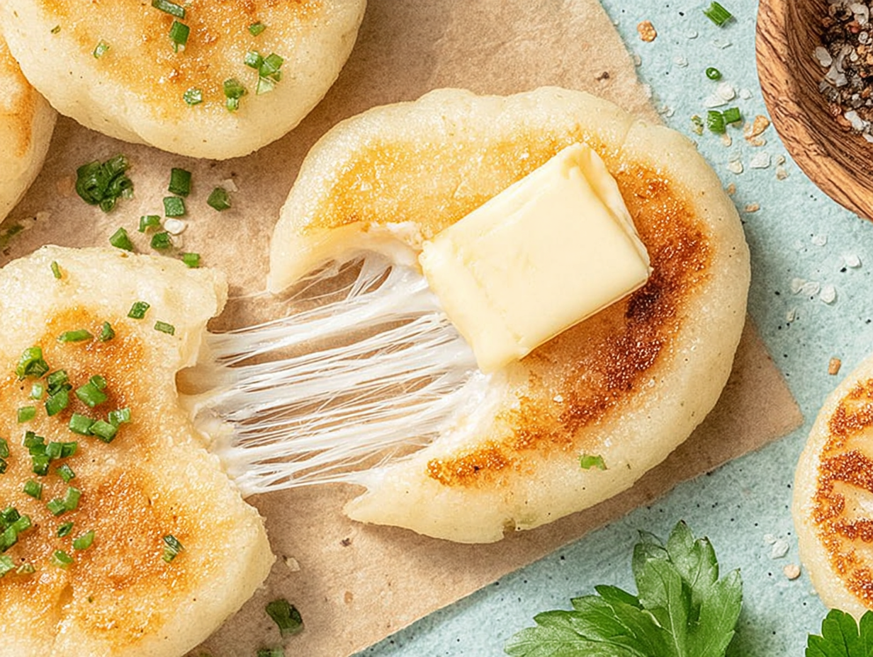 A stack of golden brown arepas con queso on a plate, with one cut open to show the melted cheese filling.