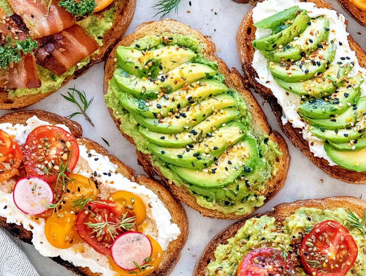 A tray showing six different variations of avocado toast