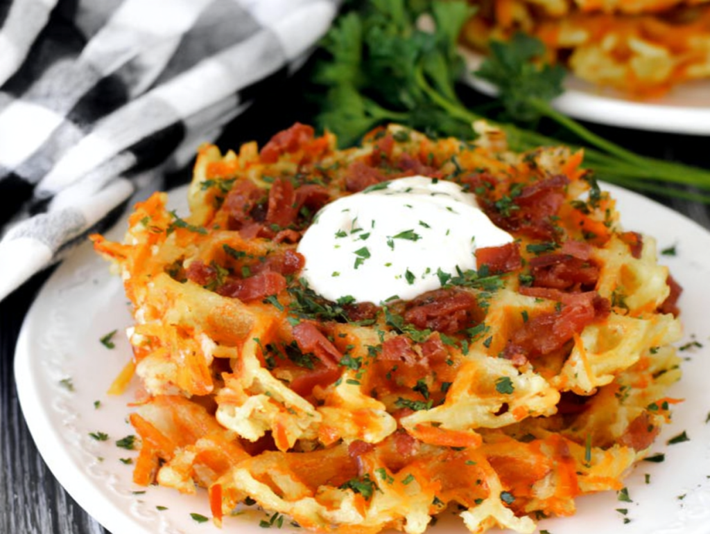 Bacon and Cheese Loaded Hashbrown Waffles