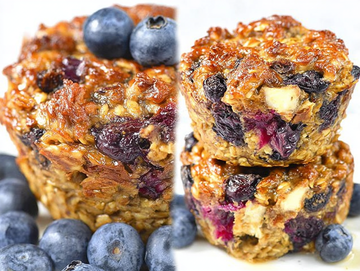 A close-up of a few blueberry banana baked oatmeal cups on a white plate.