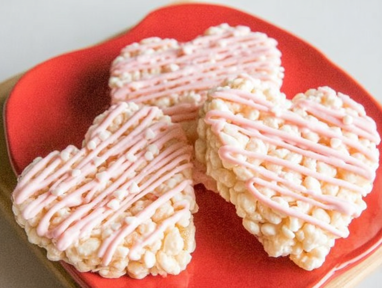 A plate of chocolate dipped heart rice krispies treats with pink and white sprinkles.