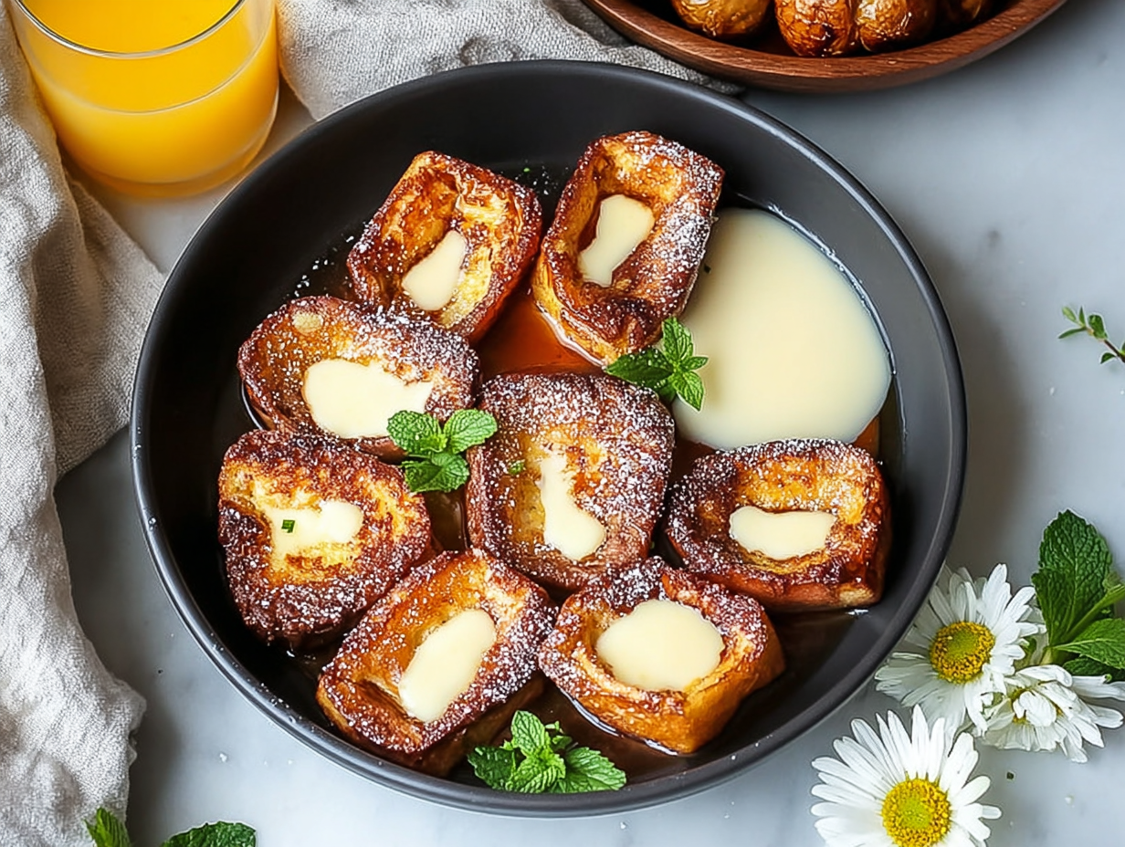 A bowl of cinnamon roll french toast bites with a drizzle of glaze.