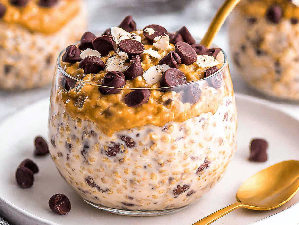A jar of cookie dough overnight oats with a spoon in it.