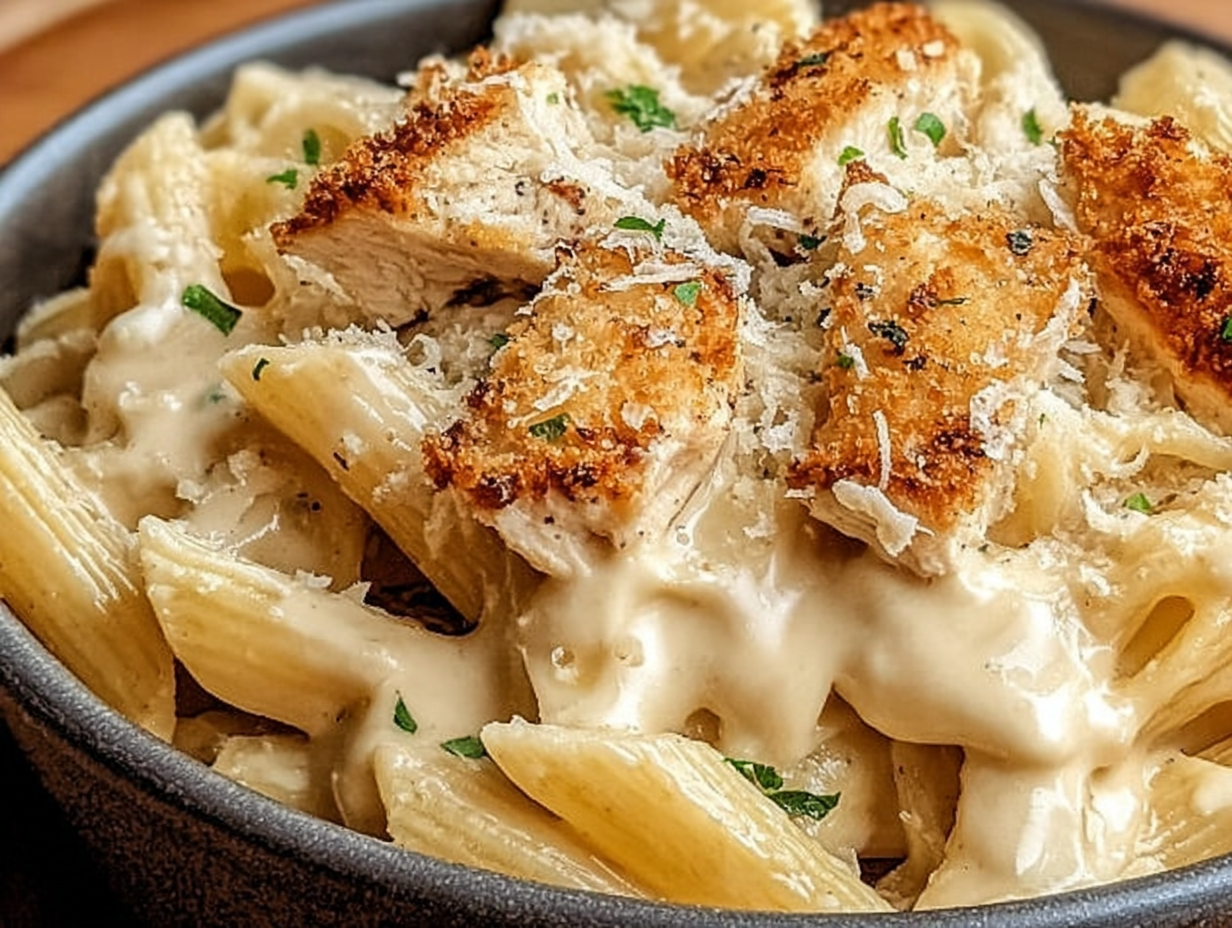 A bowl of creamy crack chicken penne with bacon and green onions on top.