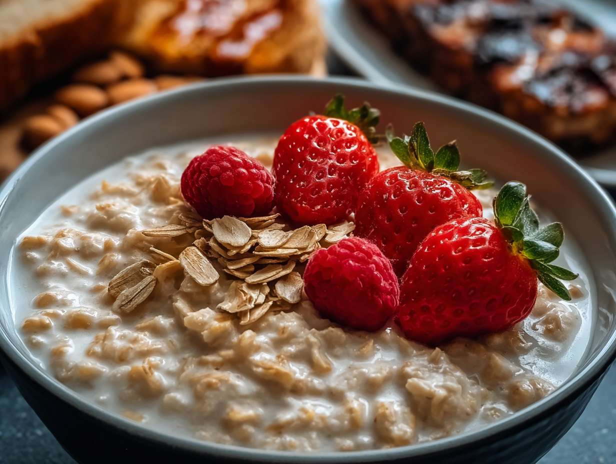 A bowl of creamy custard oatmeal topped with fresh berries and a drizzle of maple syrup.