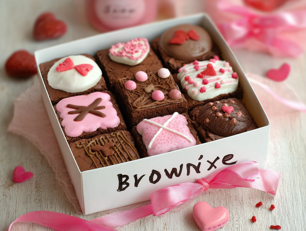 A delicious letterbox brownie cut into a heart shape, perfect for Valentine's Day.