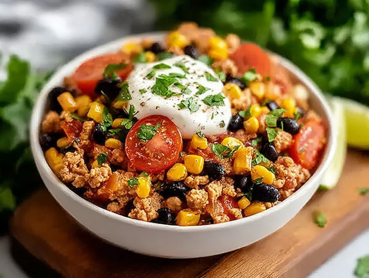 A close-up of the ground turkey taco skillet in a black cast-iron pan, topped with melted cheese, cilantro, and avocado.