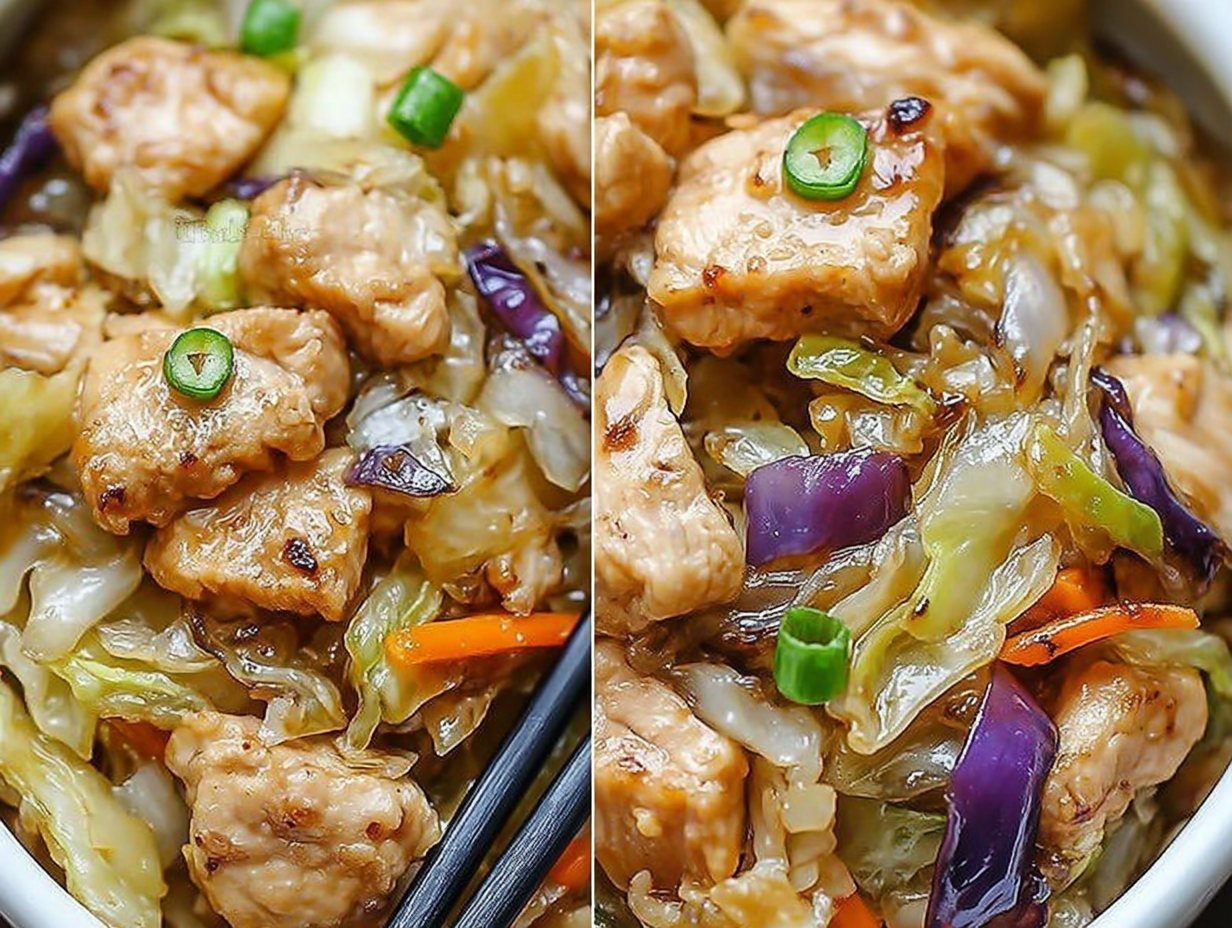 Egg Roll Bowls with chicken and cabbage in a white bowl