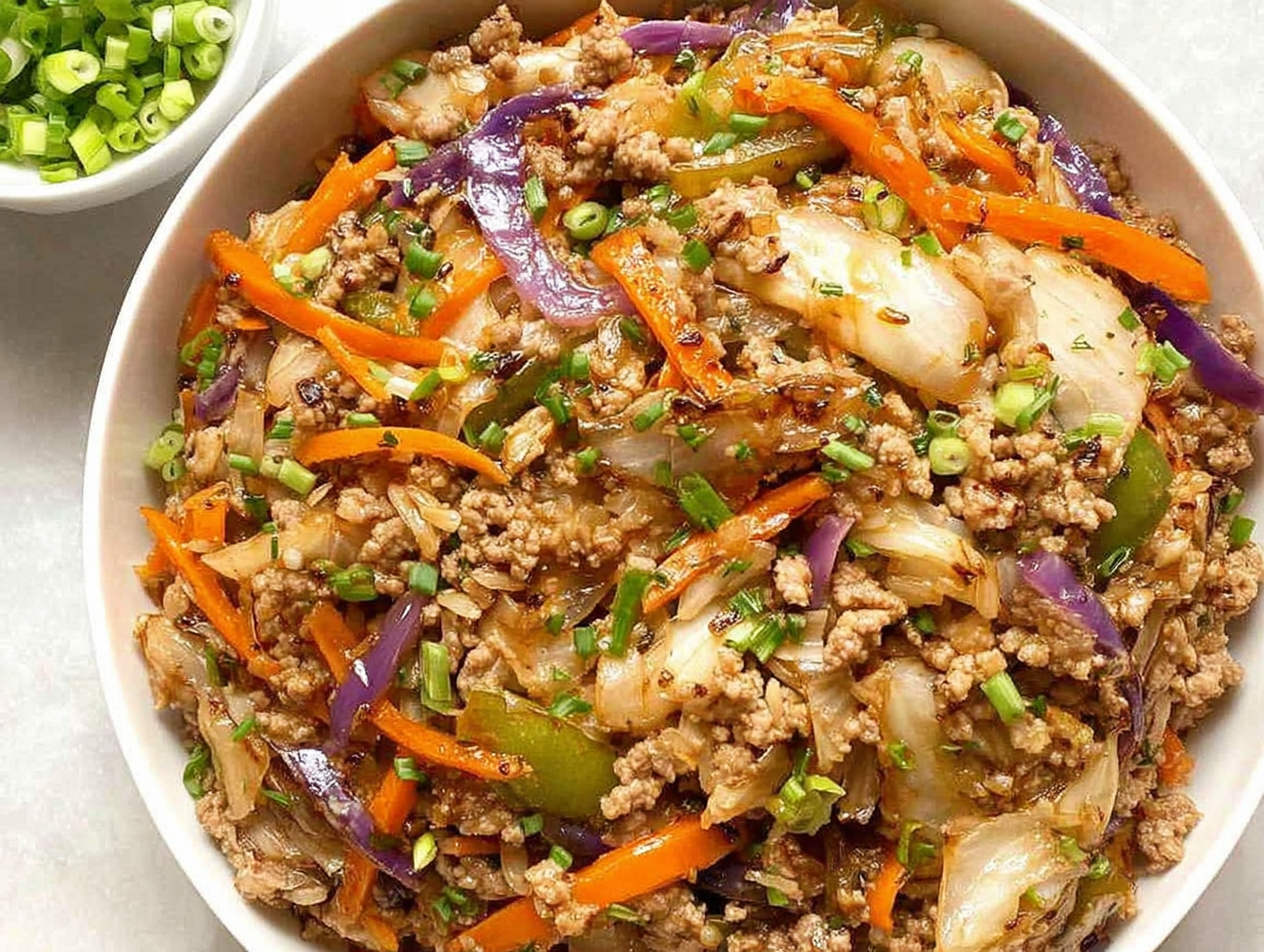 A close-up shot of the finished Egg Roll in a Bowl in a white bowl, garnished with green onions.