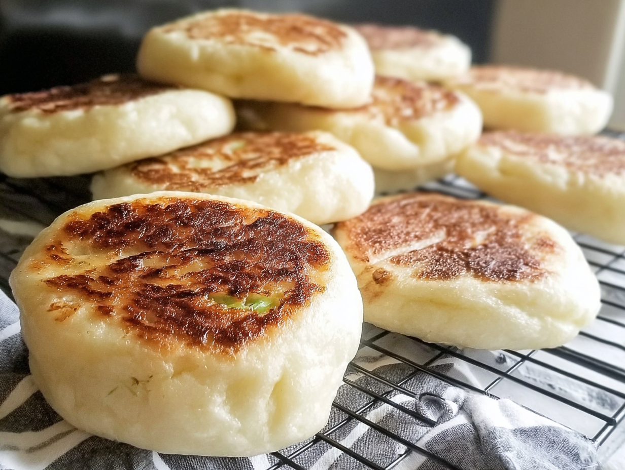 A stack of homemade English muffins on a cooling rack.