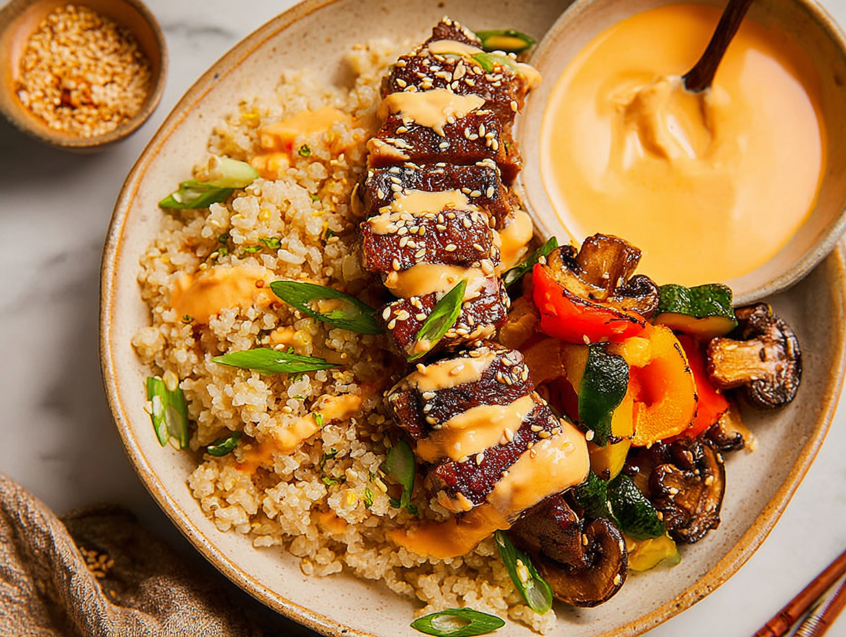 A close up shot of a Hibachi Steak Bowl with steak, vegetables, rice, and yum yum sauce.