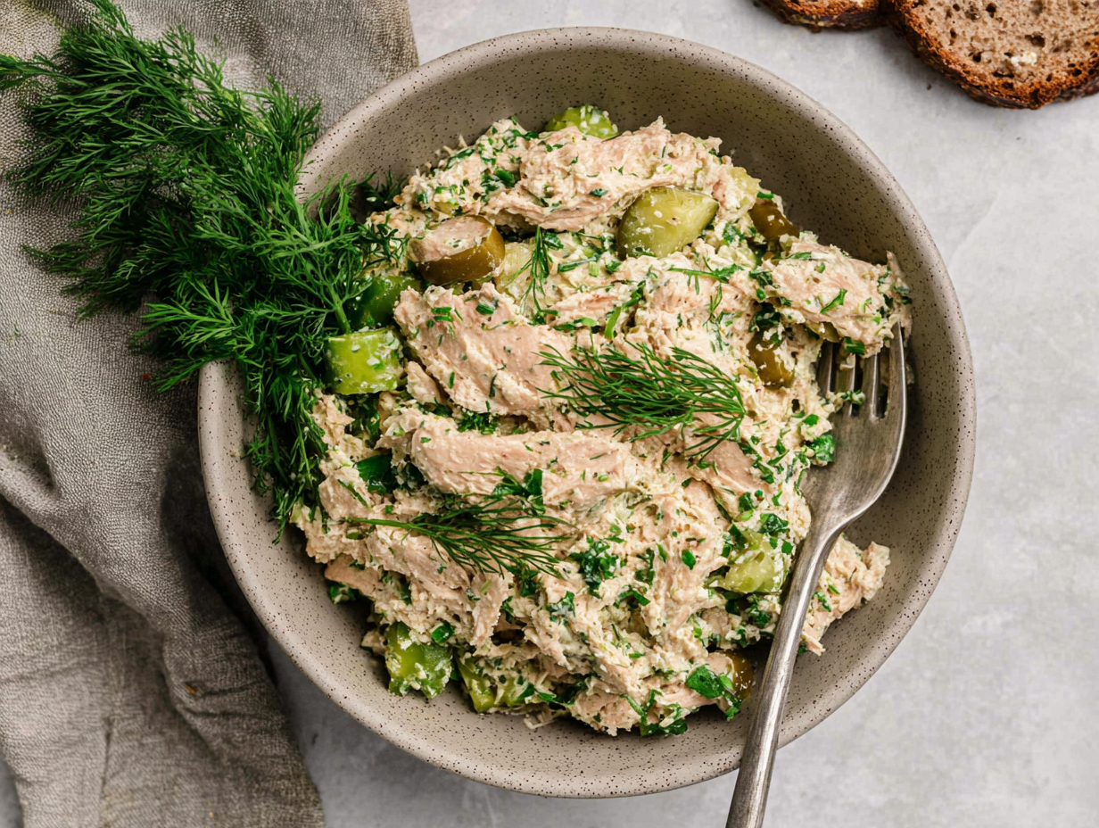 A bowl of high-protein dill pickle chicken salad with fresh dill on top.