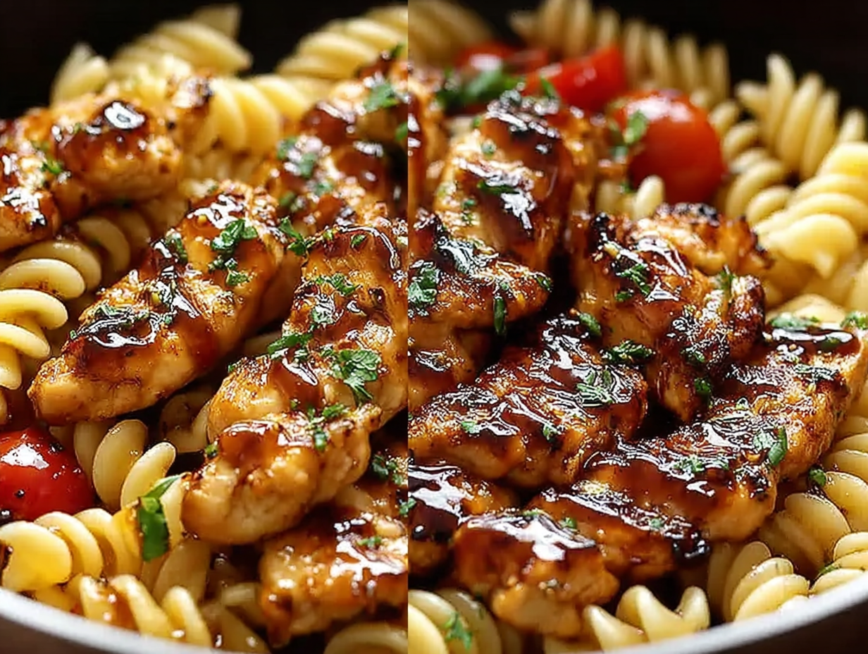 A bowl of honey pepper chicken pasta with fresh parsley garnish.