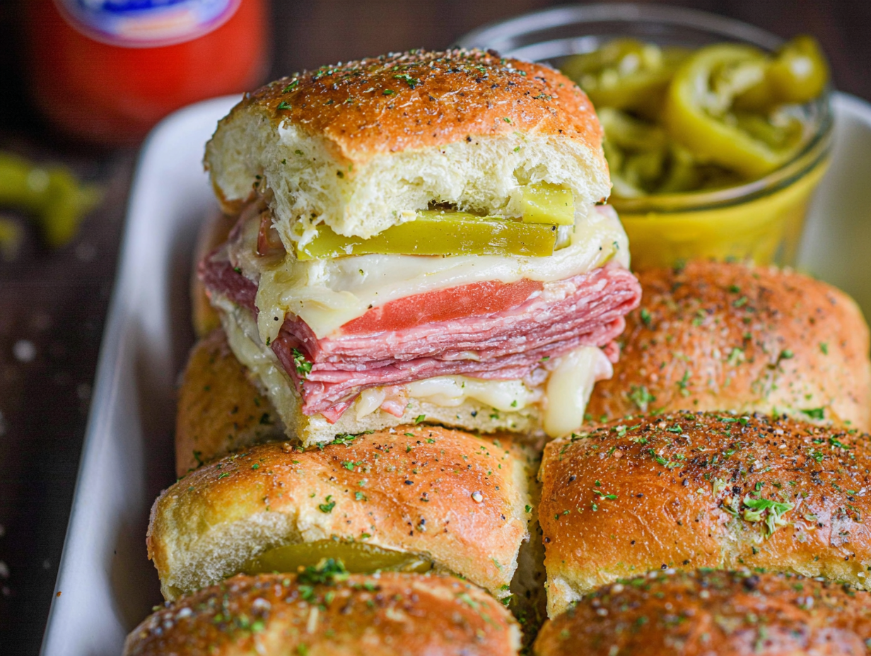 A tray of baked Hot Italian Sub Sliders, golden brown and covered in melted cheese and seasonings.