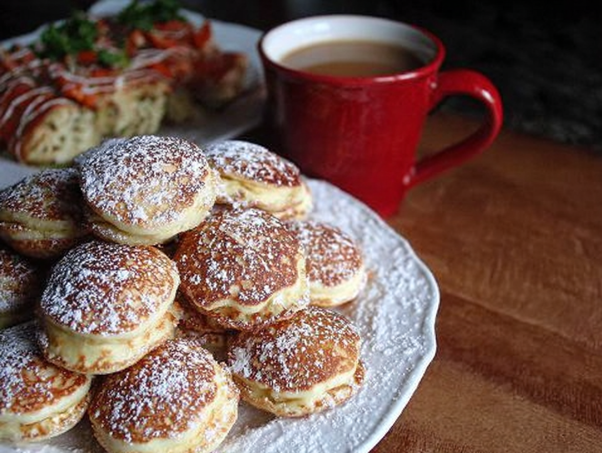 A plate of Poffertjes, which are small Dutch pancakes, covered in powdered sugar and a pat of butter.