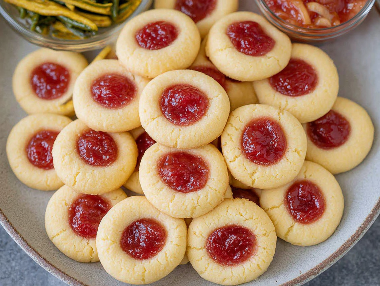 A plate of raspberry shortbread thumbprint cookies