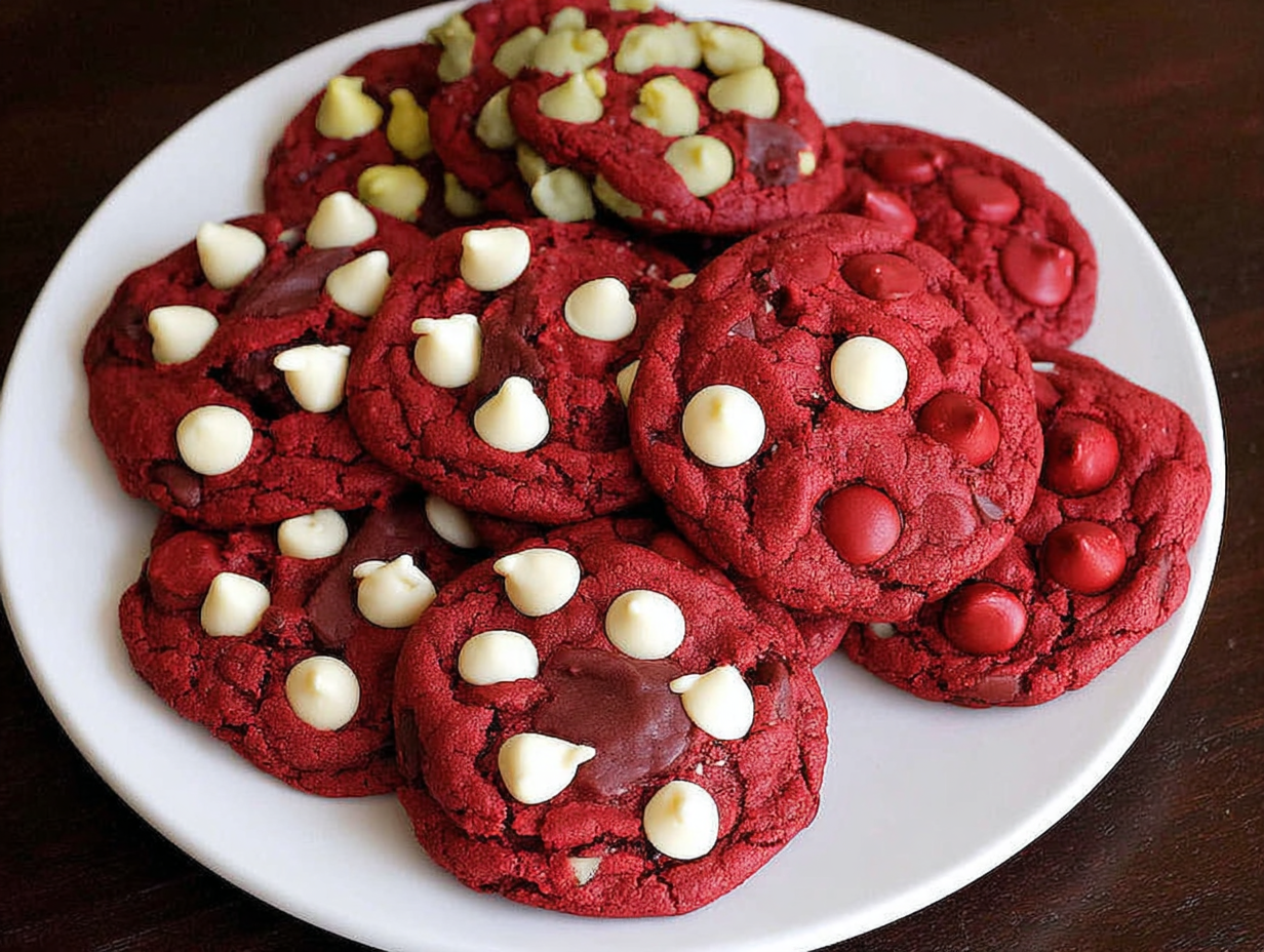 A plate of red velvet cake mix cookies with white chocolate chips.