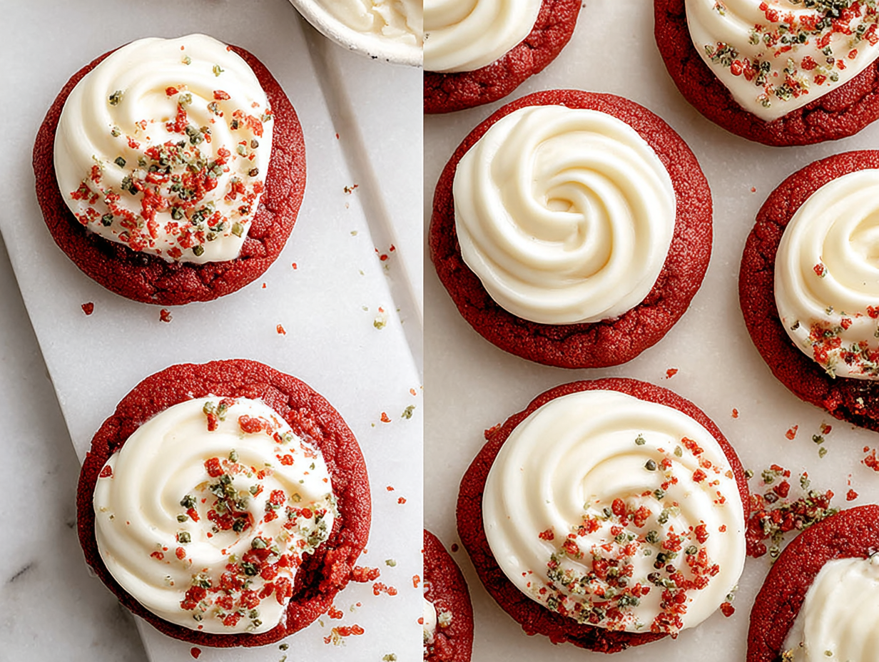 Red Velvet Cookies with Cream Cheese Frosting on a cooling rack