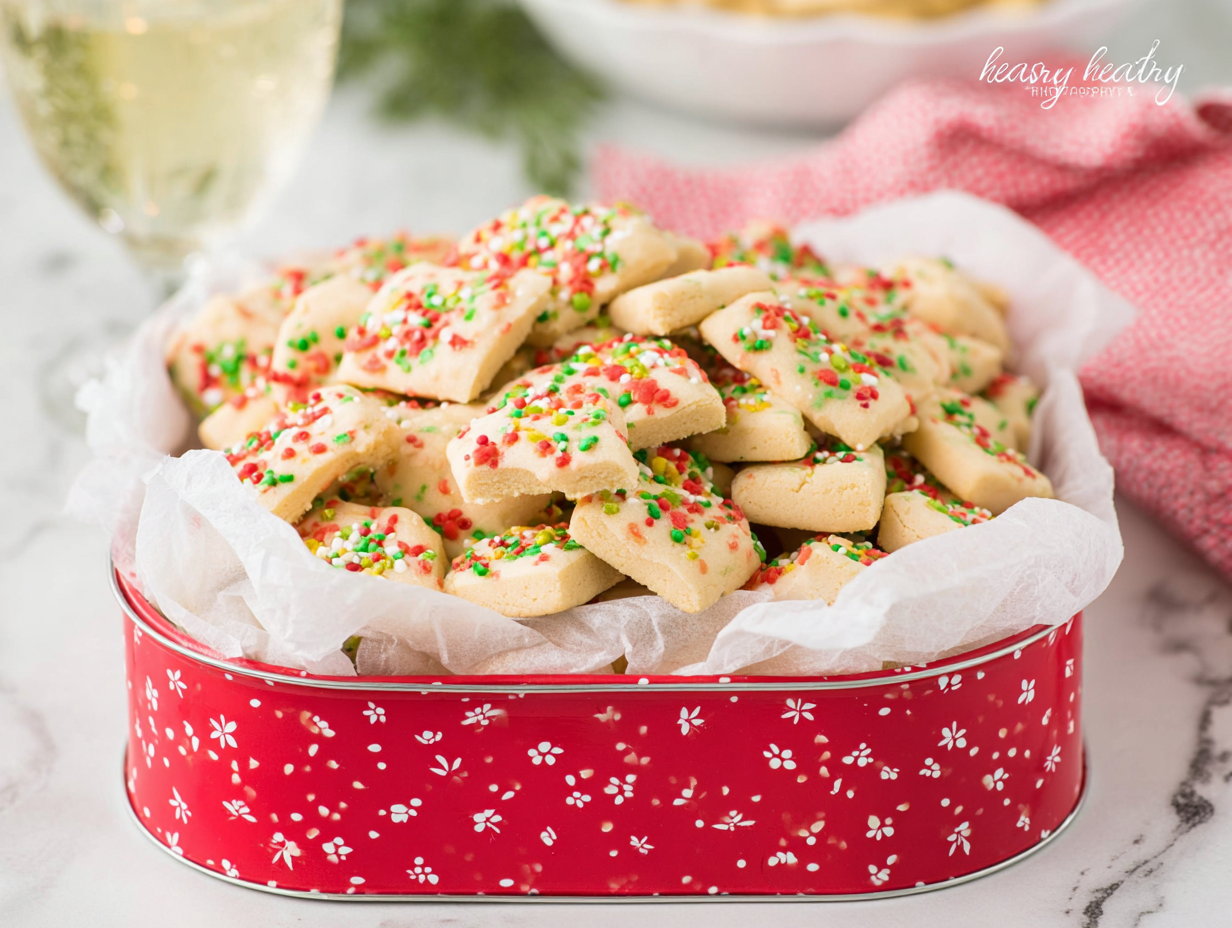 A bowl full of festive shortbread cookie bites with holiday sprinkles.