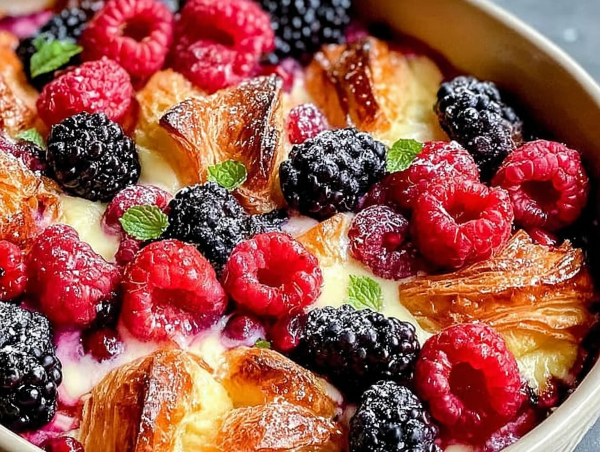 Berry Croissant Breakfast Bake in a white baking dish, dusted with powdered sugar.