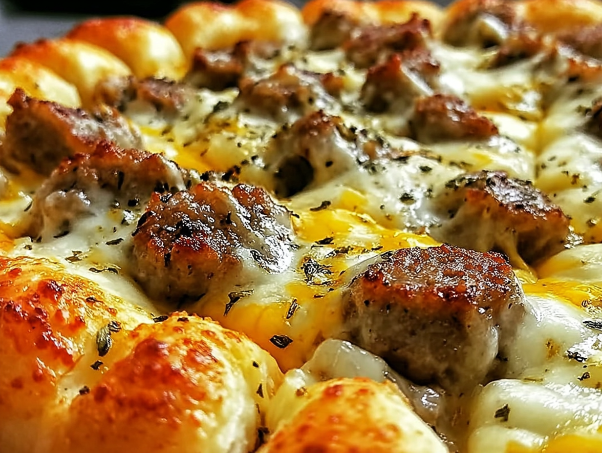 A whole biscuits and sausage gravy breakfast pizza on a wooden board