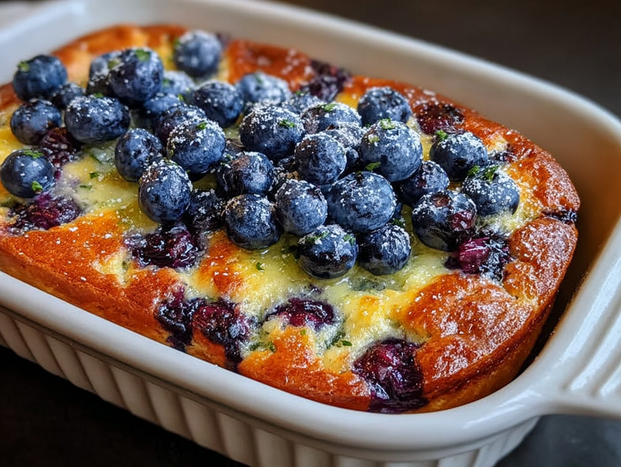 Blueberry Buttermilk Pancake Casserole in a baking dish