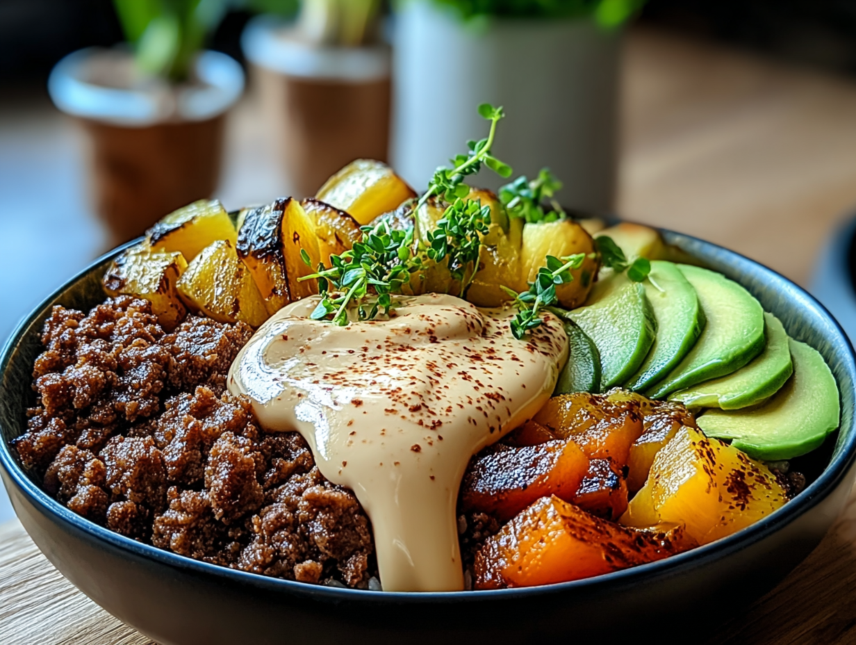 A vibrant Burger Bowl with ground beef, lettuce, tomatoes, cheese, and sauce in a white bowl.