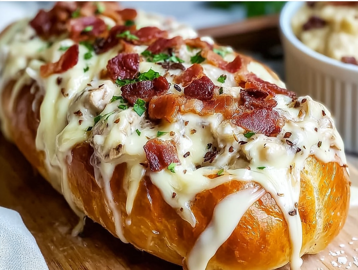 Chicken Bacon Ranch Stuffed Bread on a cutting board