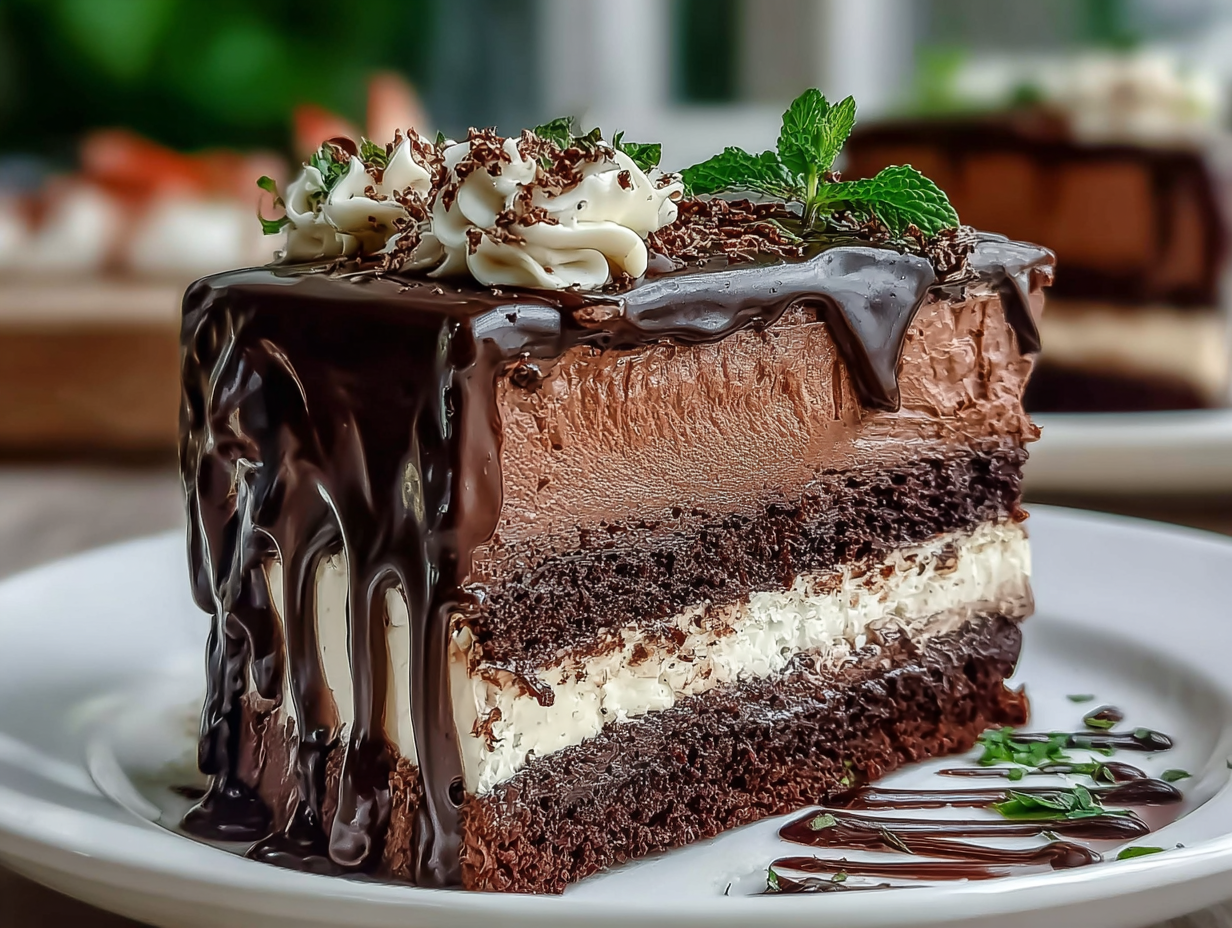 A slice of Chocolate Tuxedo Cake on a plate, showing the distinct layers of chocolate cake, white chocolate mousse, and dark chocolate mousse.