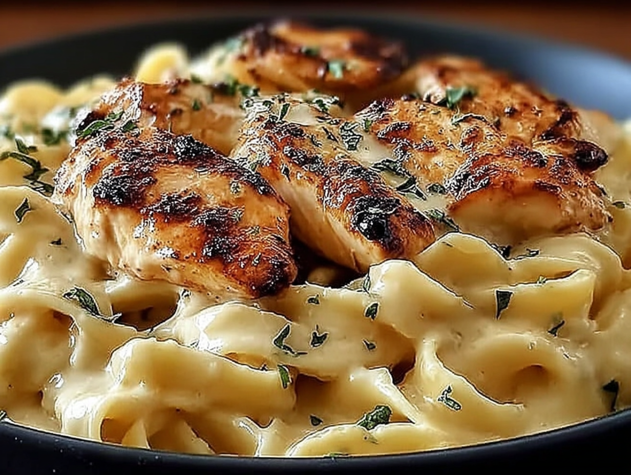 A plate of classic chicken with buttered noodles, garnished with parsley.