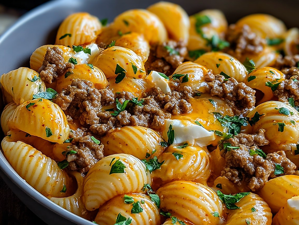 A bowl of creamy beef and shells pasta.