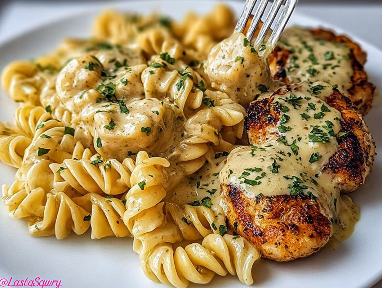 Creamy Garlic Parmesan Chicken with Cheesy Twisted Pasta in a skillet