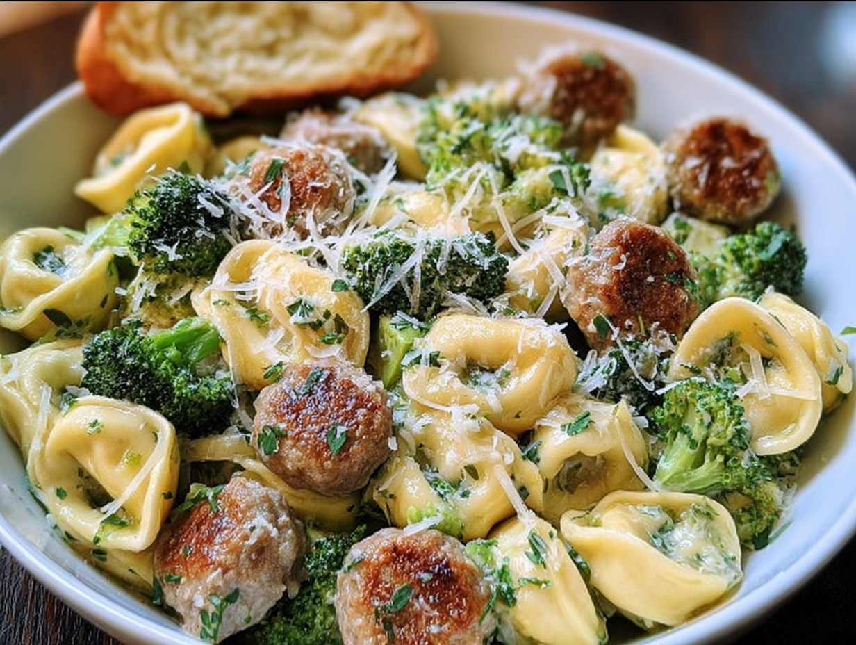 A skillet of creamy garlic parmesan tortellini with sausage and broccoli, ready to be served.