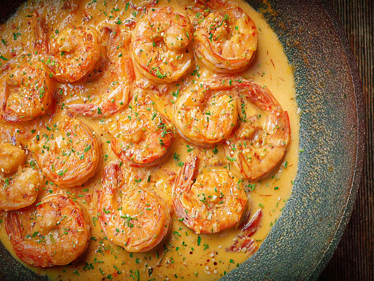 A white bowl filled with creamy garlic shrimp, garnished with fresh parsley, sitting next to a lemon wedge.
