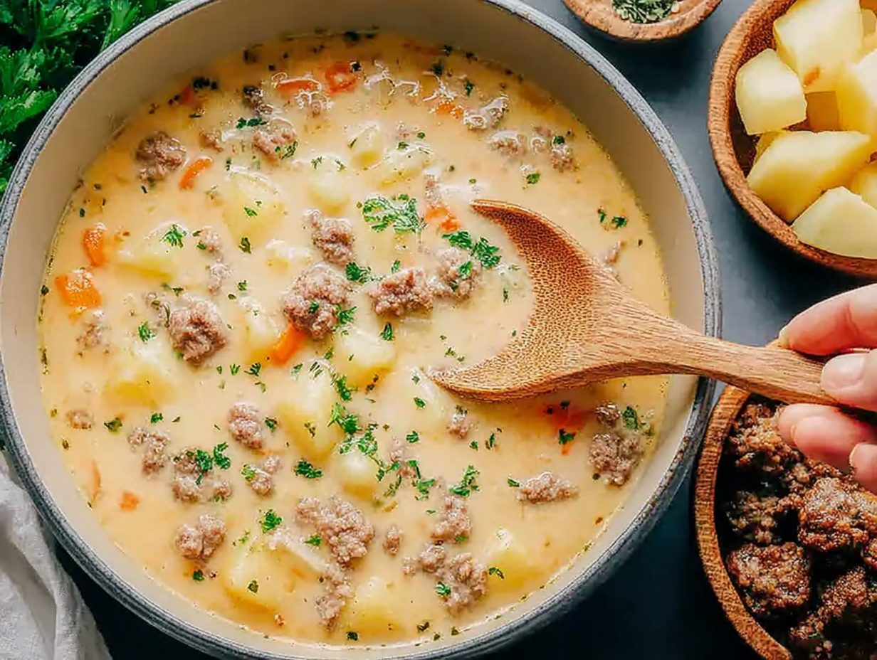 A bowl of creamy sausage potato soup with a spoon, ready to eat.