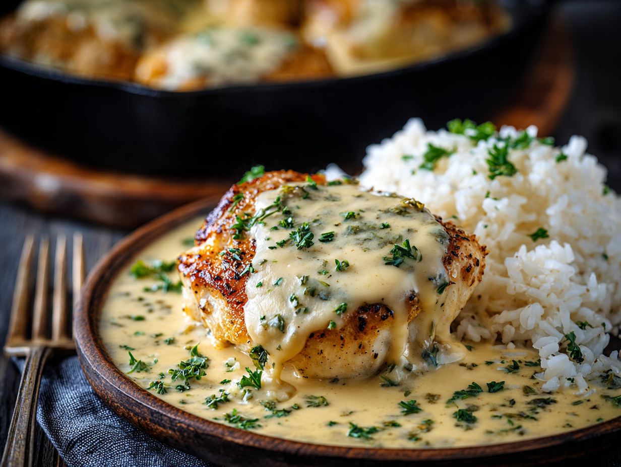 A skillet of creamy smothered chicken and rice, garnished with parsley.