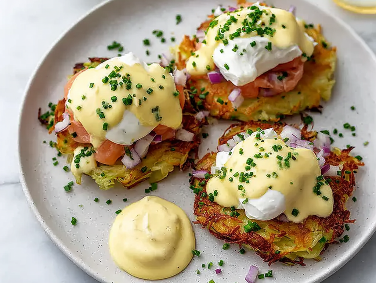 A plate of Easy Latke Eggs Benedict with smoked salmon and chives