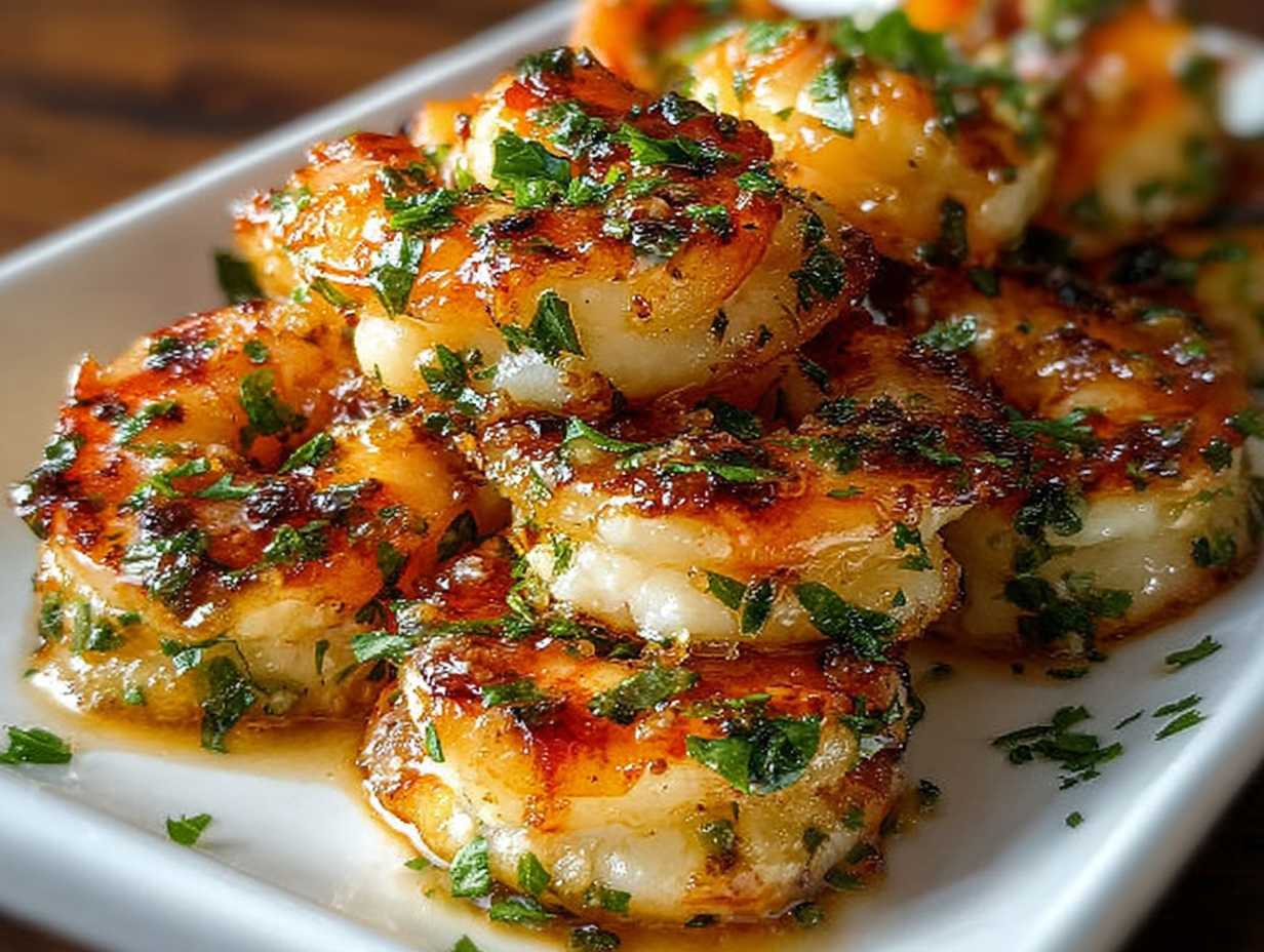 Garlic Parmesan Roasted Shrimp in a white bowl with lemon wedges