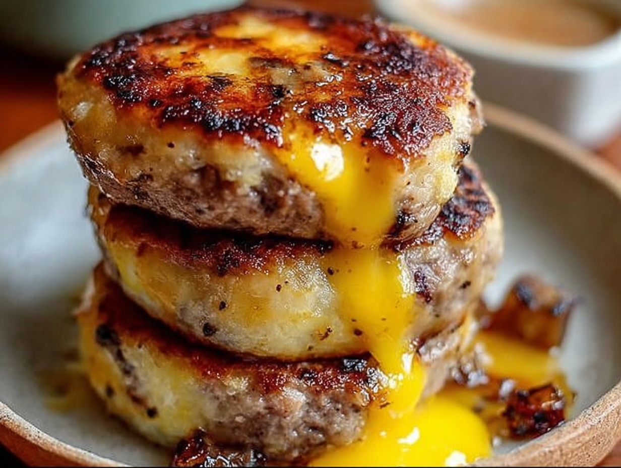 A stack of homemade McGriddle muffins showing the sausage, egg, and cheese inside.