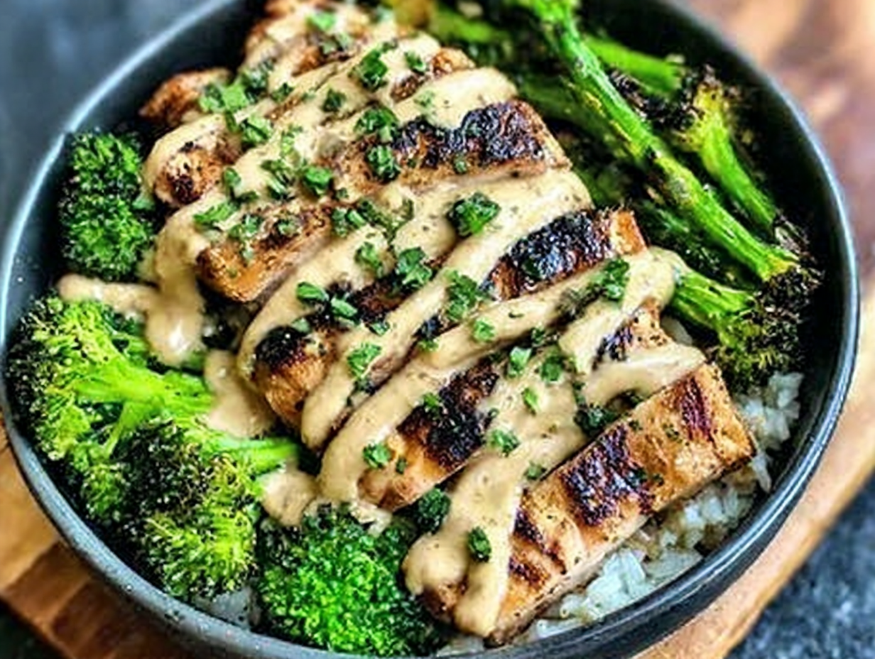 A finished bowl of grilled chicken and broccoli with creamy garlic sauce on a bed of rice.