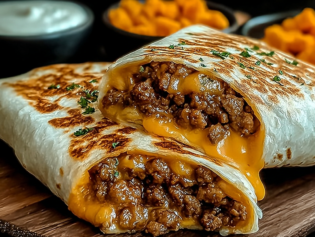 A golden-brown grilled cheese burrito cut in half to show the cheesy beef and rice filling