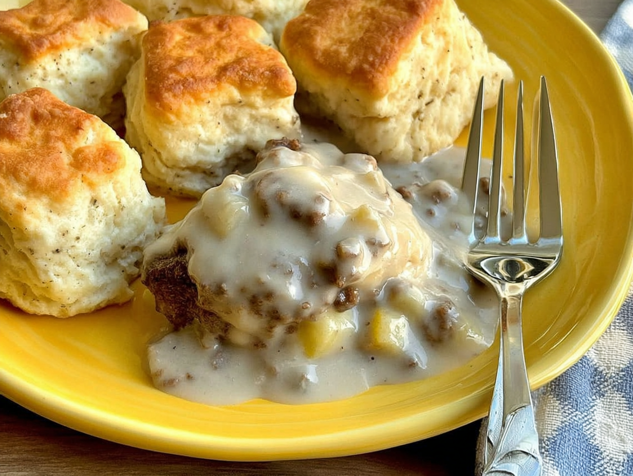Lazy Biscuits & Gravy Breakfast Casserole in a baking dish