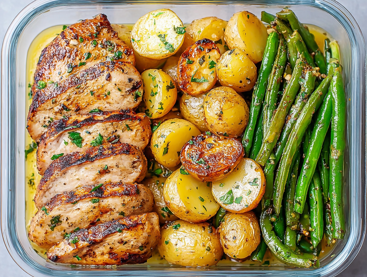 Lemon Garlic Chicken Meal Prep in four containers