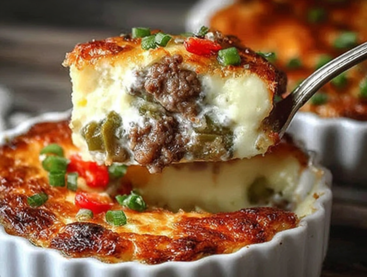 A close-up shot of the finished Low Carb Philly Cheesesteak Casserole in a baking dish, showing the melted, golden-brown cheese top.