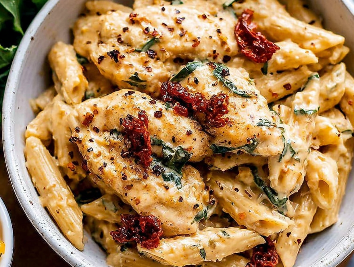 A skillet of creamy Marry Me Chicken Pasta with sun-dried tomatoes and fresh basil.
