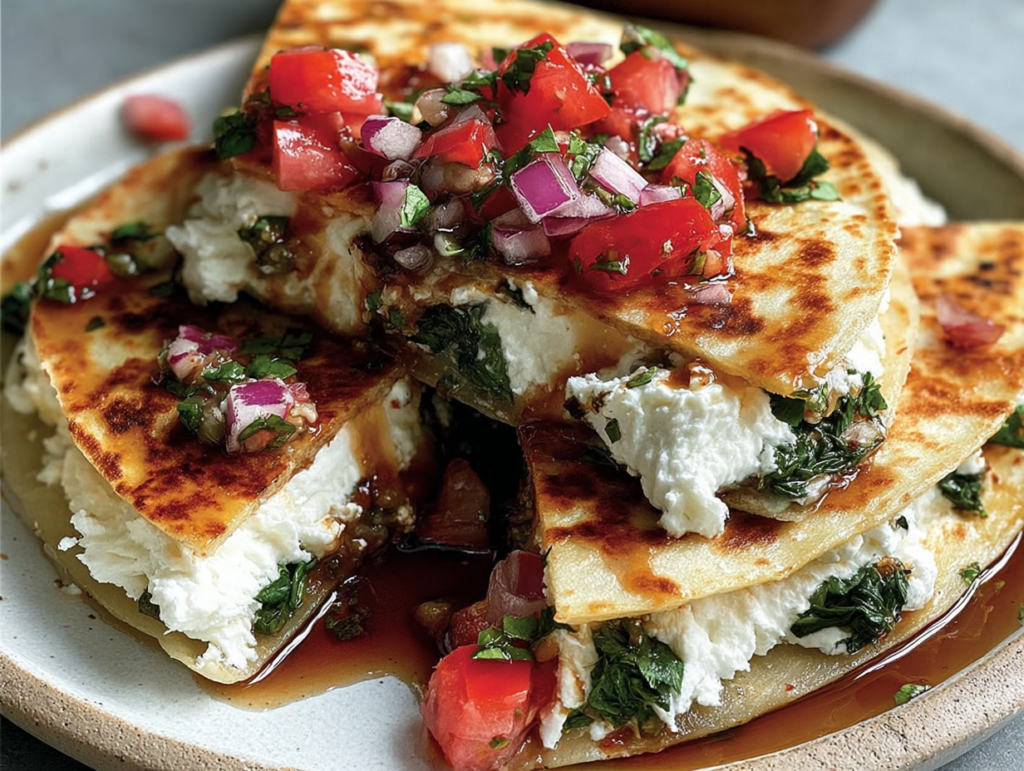 Mediterranean Quesadillas with Spinach, Feta, Mozzarella, and Red Onion