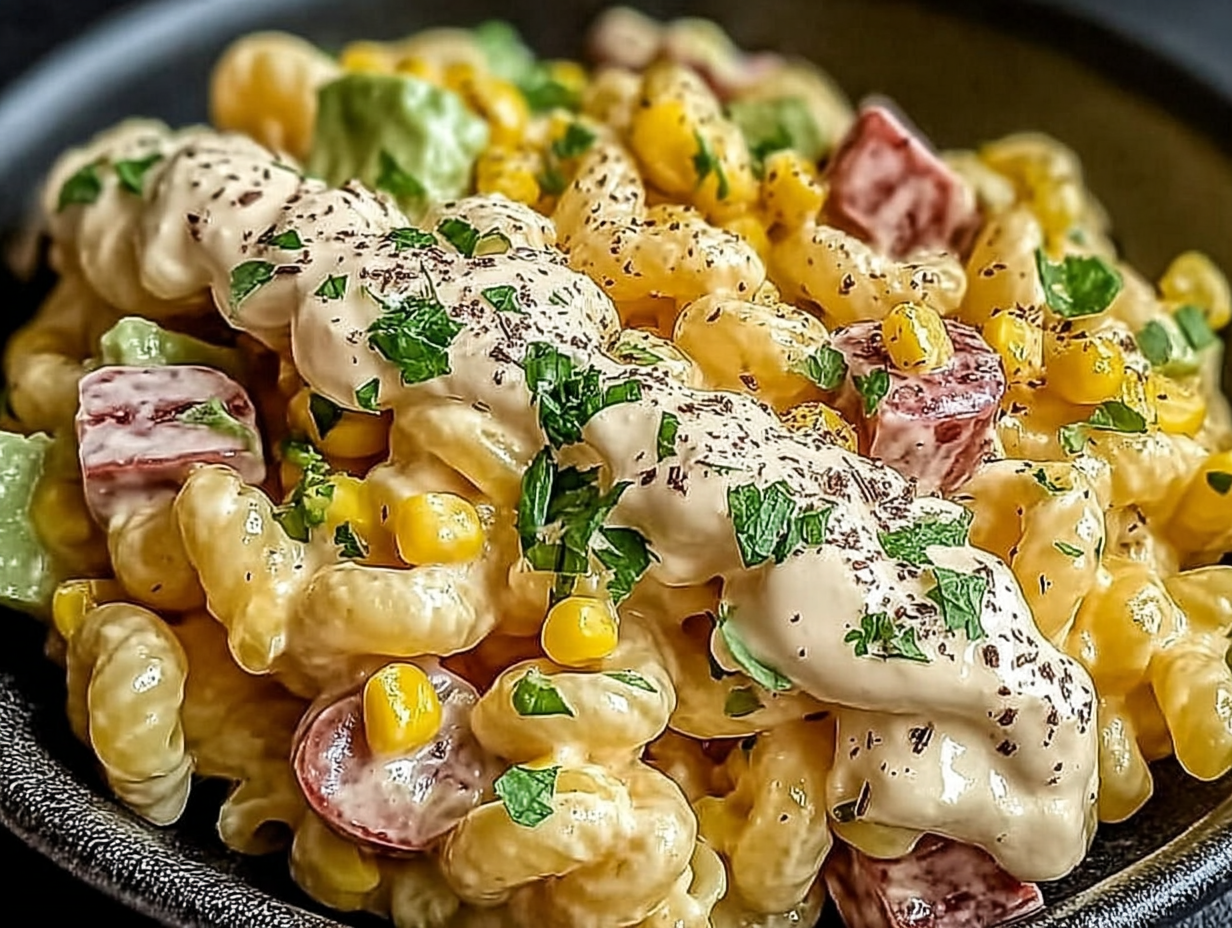 Mexican Street Corn Pasta Salad in a white bowl
