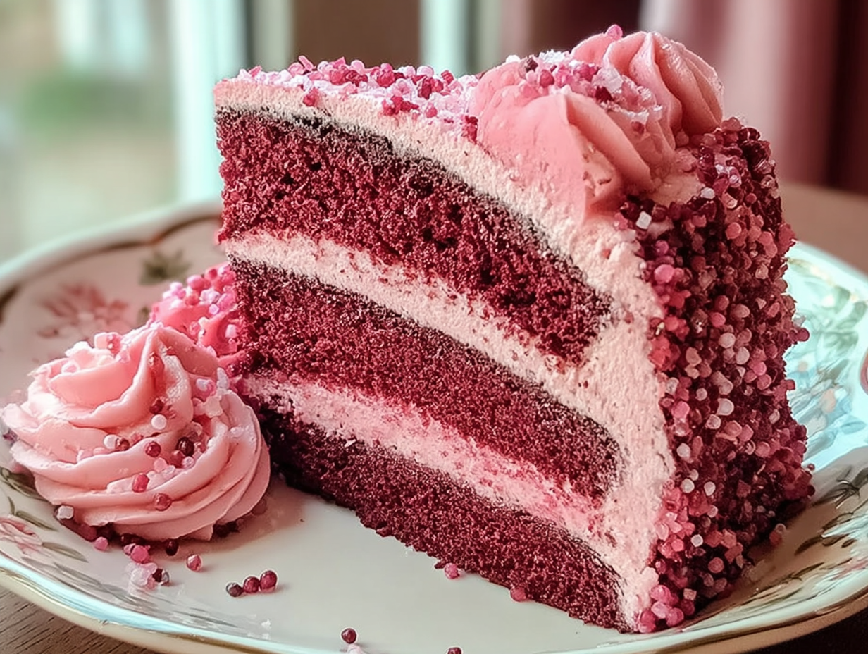 A slice of Mother's Day Pink Velvet Cake on a white plate, showing the soft pink layers and cream cheese frosting.
