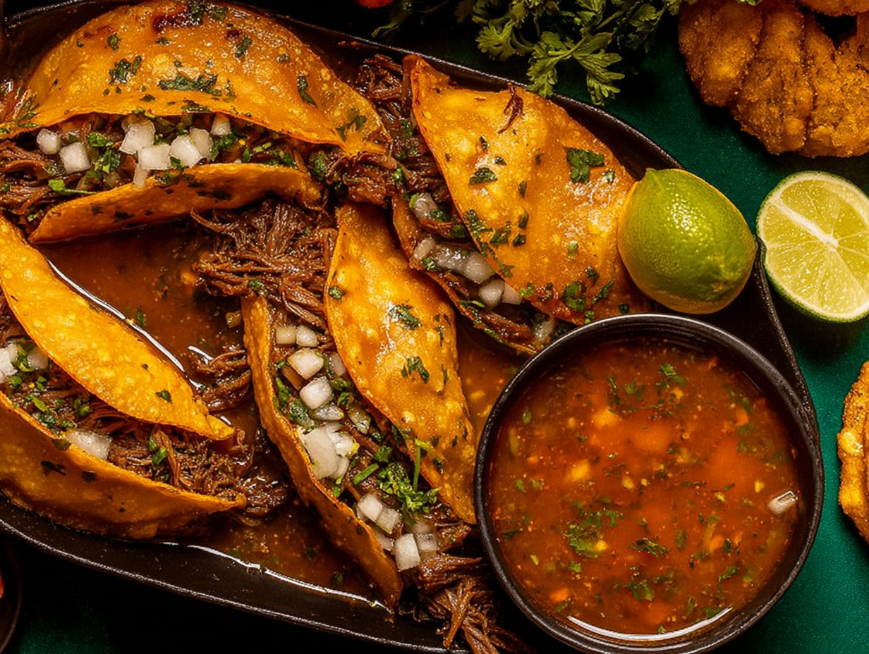 A plate of delicious beef birria tacos with a side of consomé for dipping.